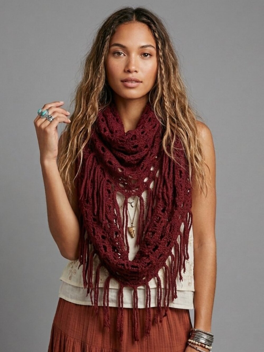 Burgundy Open Knit Fringe Infinity Scarf Boho Maroon Circle Loop Wrap